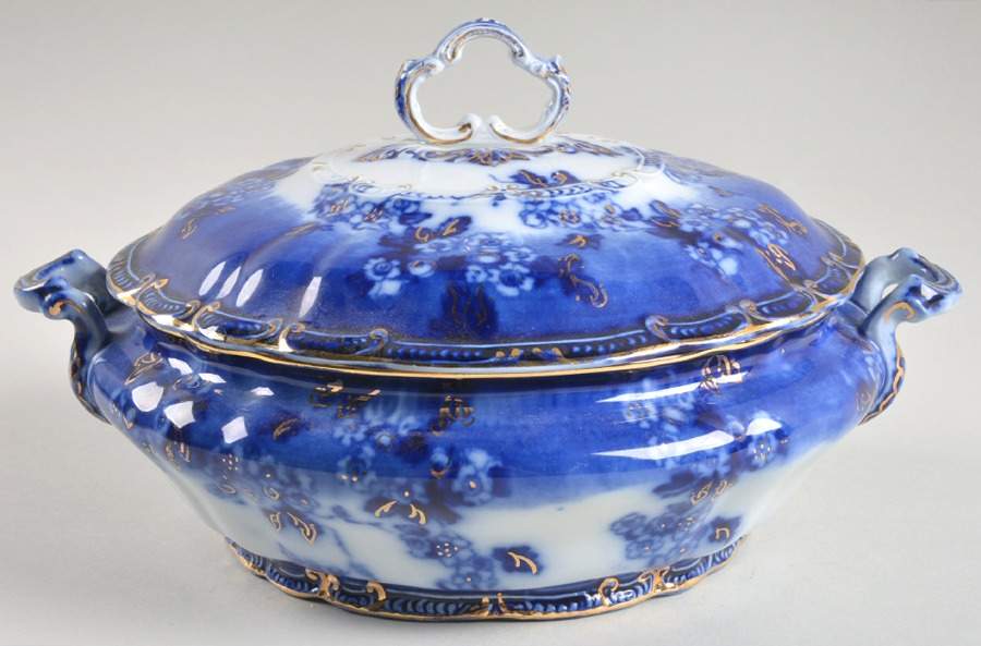 Lugano (Flow Blue) Round Covered Vegetable by Ridgway (Ridgways)-1
