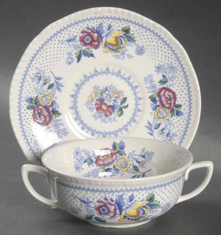 Lynton Blue Multicolor Flat Cream Soup Bowl & Saucer Set by Ridgway (Ridgways)-1