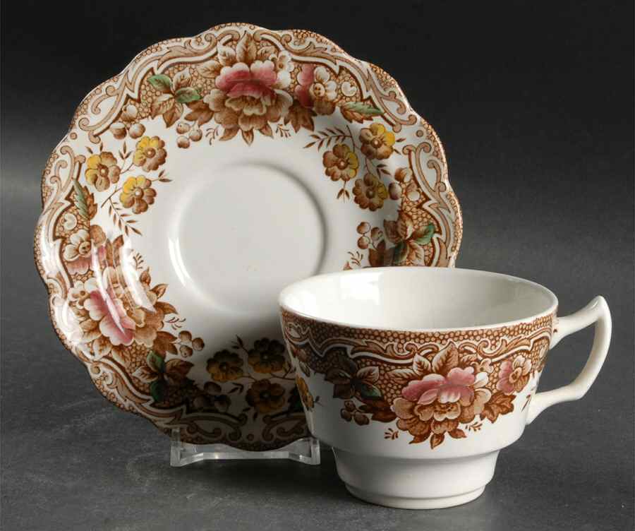 Marlborough Multicolor Brown Flat Cup & Saucer Set by Ridgway (Ridgways)-1