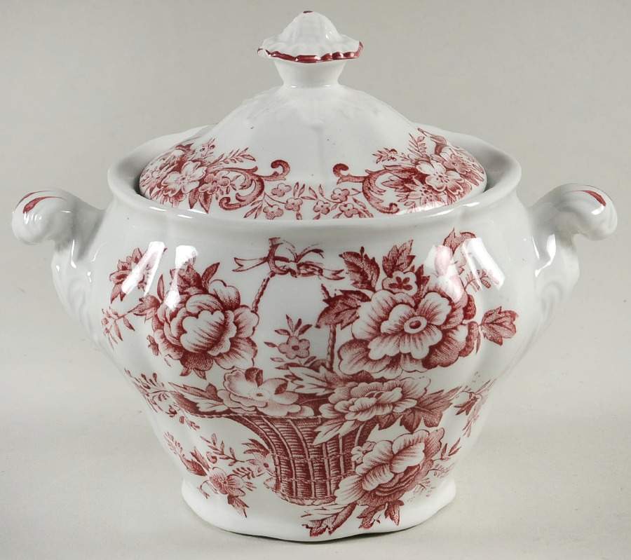 Old English Bouquet Red Sugar Bowl & Lid by Ridgway (Ridgways)-1