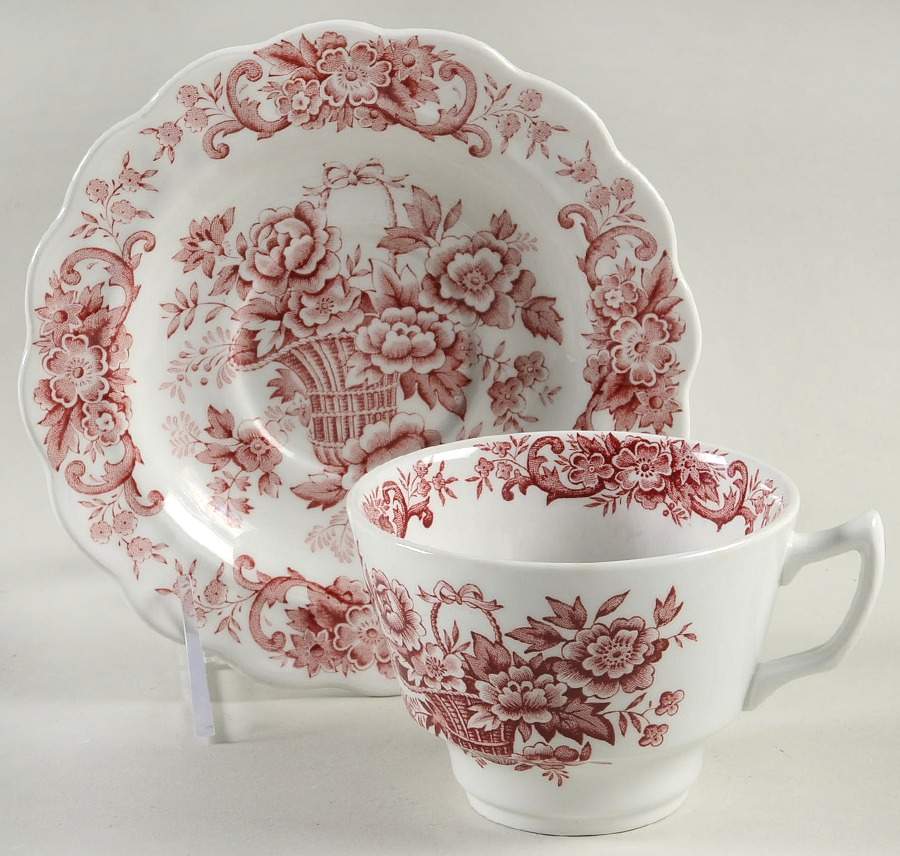 Old English Bouquet Red Flat Cup & Saucer Set by Ridgway (Ridgways)-1
