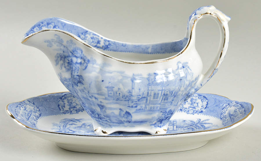 Oriental (Blue, Gold Trim) Gravy Boat & Underplate by Ridgway (Ridgways)-1