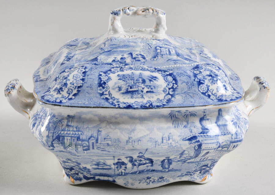 Oriental (Blue, Gold Trim) Square Covered Vegetable by Ridgway (Ridgways)-1