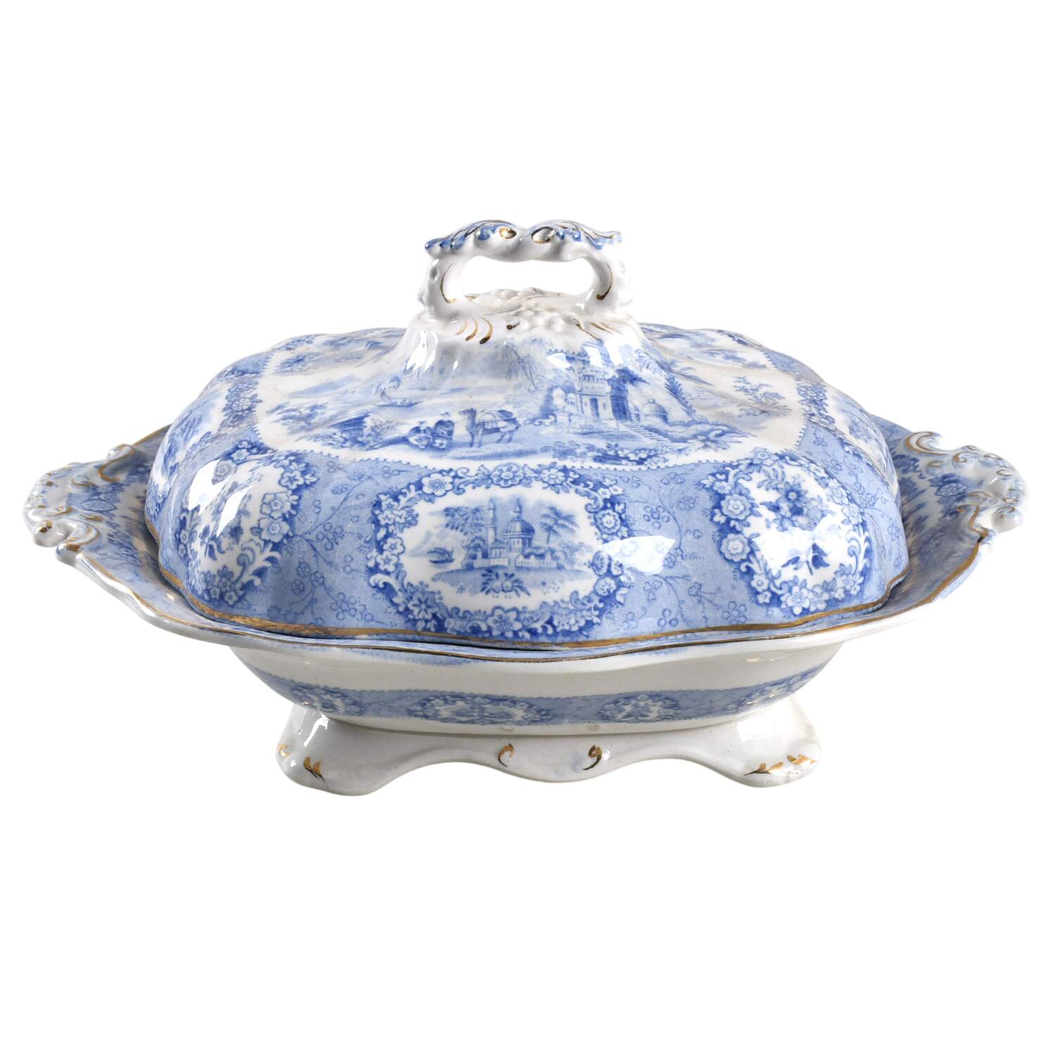 Oriental (Blue, Gold Trim) Oval Covered Vegetable by Ridgway (Ridgways)-1