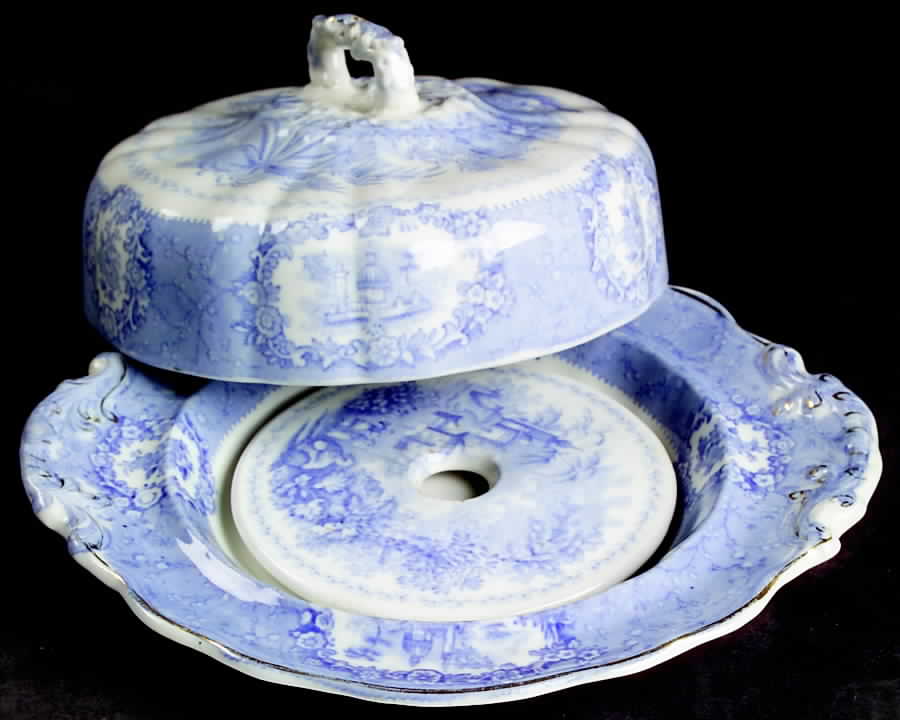 Oriental (Blue, Gold Trim) Round Covered Butter with Strainer by Ridgway (Ridgways)-1