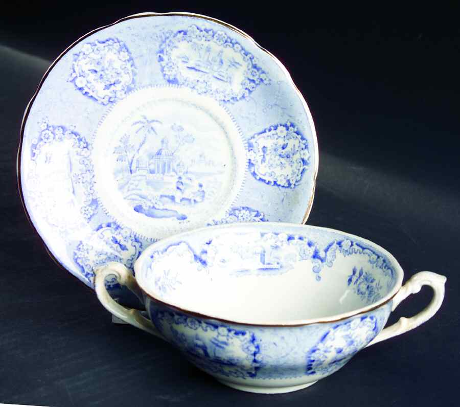 Oriental (Blue, Gold Trim) Footed Cream Soup Bowl & Saucer Set by Ridgway (Ridgways)-1