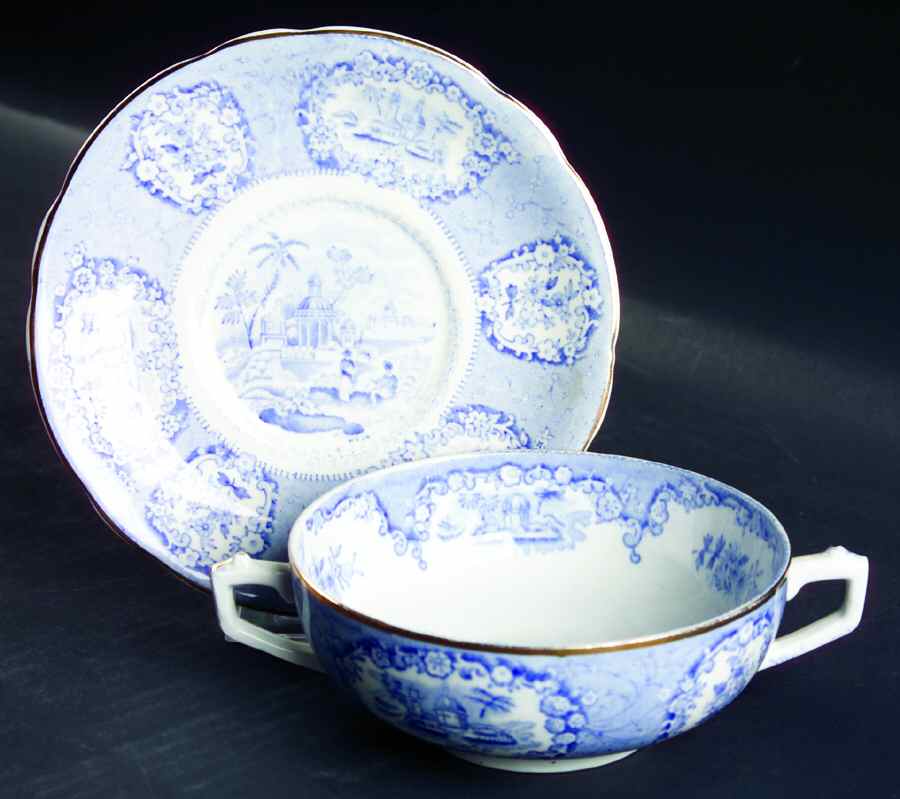 Oriental (Blue, Gold Trim) Footed Cream Soup Bowl & Saucer Set by Ridgway (Ridgways)-1