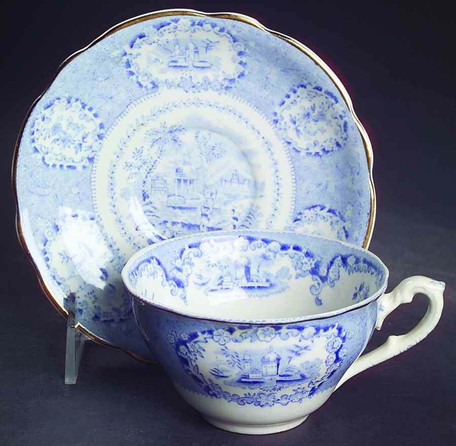 Oriental (Blue, Gold Trim) Flat Cup & Saucer Set by Ridgway (Ridgways)-1