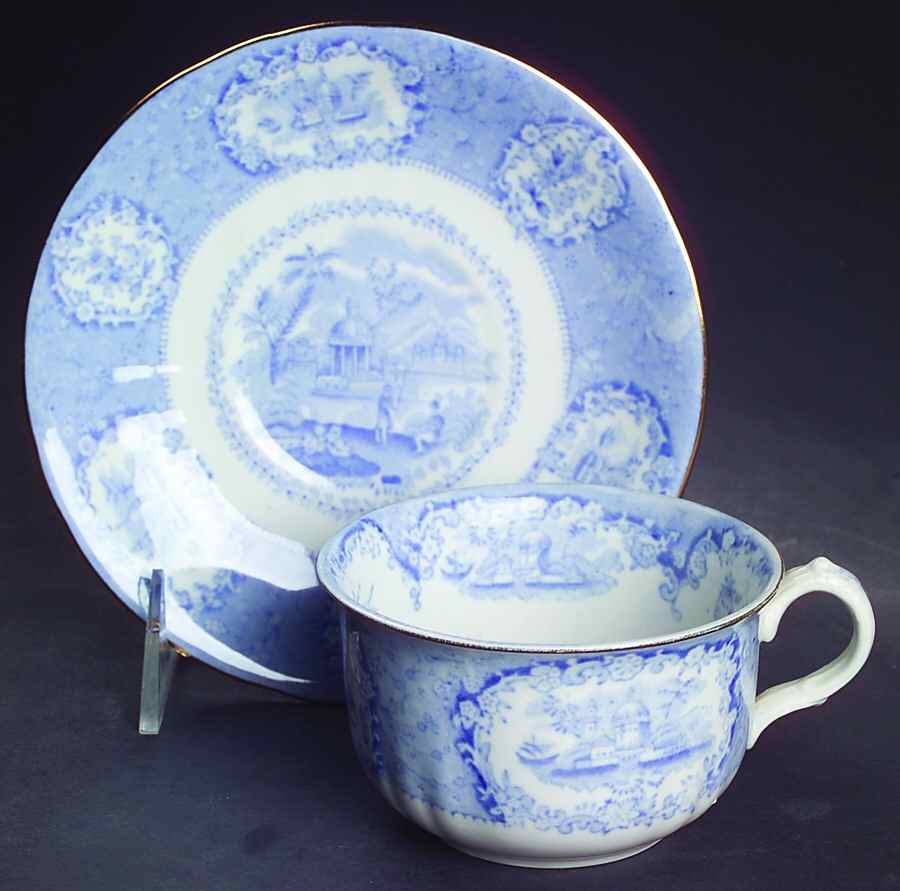 Oriental (Blue, Gold Trim) Flat Cup & Saucer Set by Ridgway (Ridgways)-1