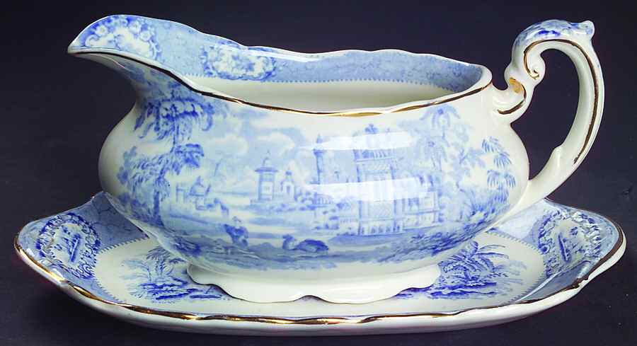 Oriental (Blue, Gold Trim) Gravy Boat & Underplate by Ridgway (Ridgways)-1