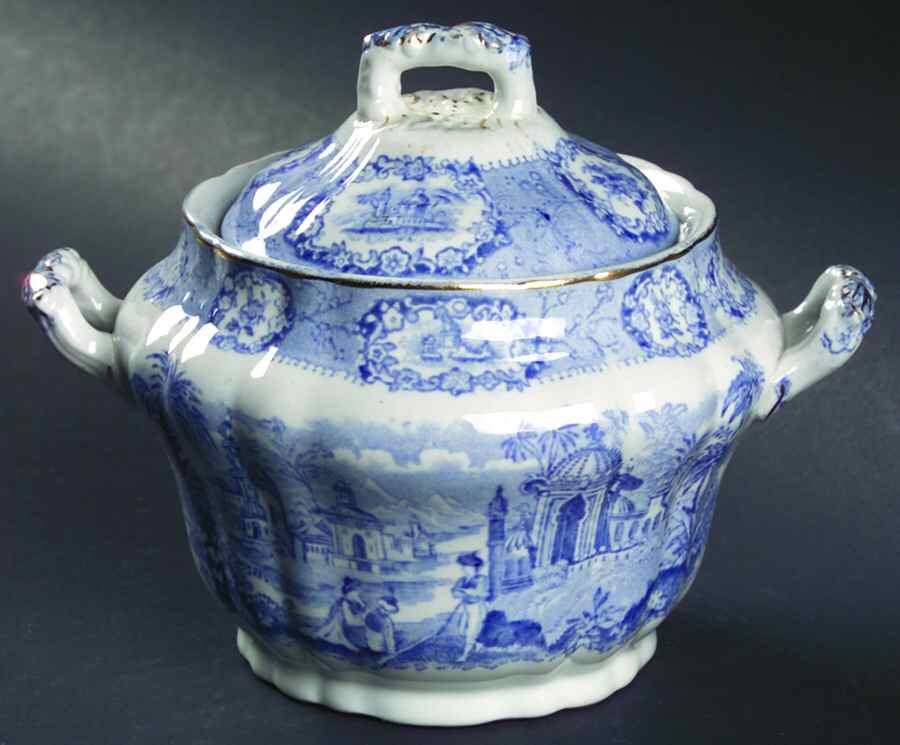 Oriental (Blue, Gold Trim) Sugar Bowl & Lid by Ridgway (Ridgways)-1