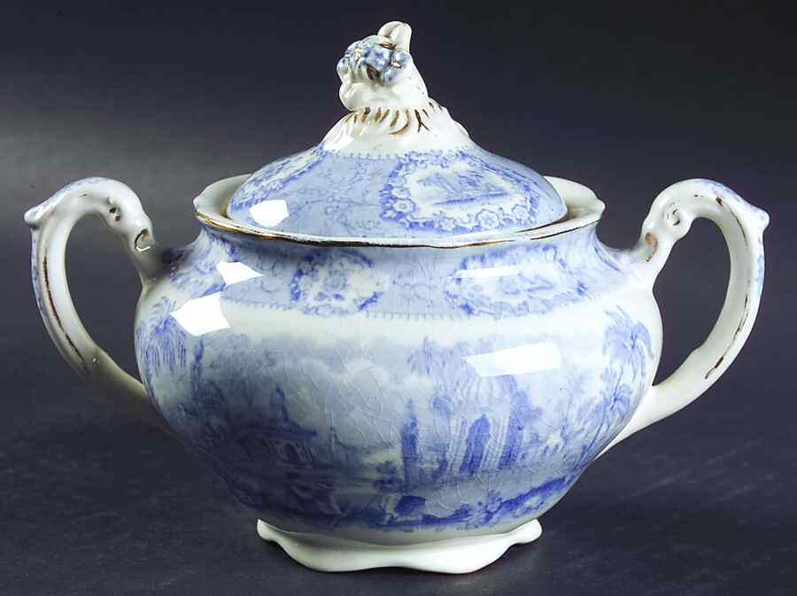 Oriental (Blue, Gold Trim) Sugar Bowl & Lid by Ridgway (Ridgways)-1