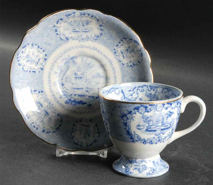 Oriental (Blue, Gold Trim) Footed Cup & Saucer Set by Ridgway (Ridgways)-1
