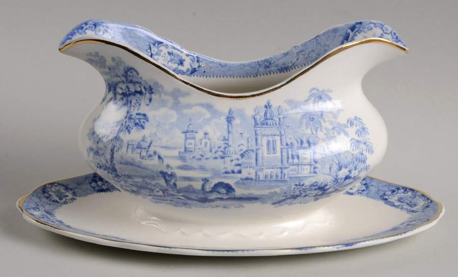 Oriental (Blue, Gold Trim) Gravy Boat with Attached Underplate by Ridgway (Ridgways)-1