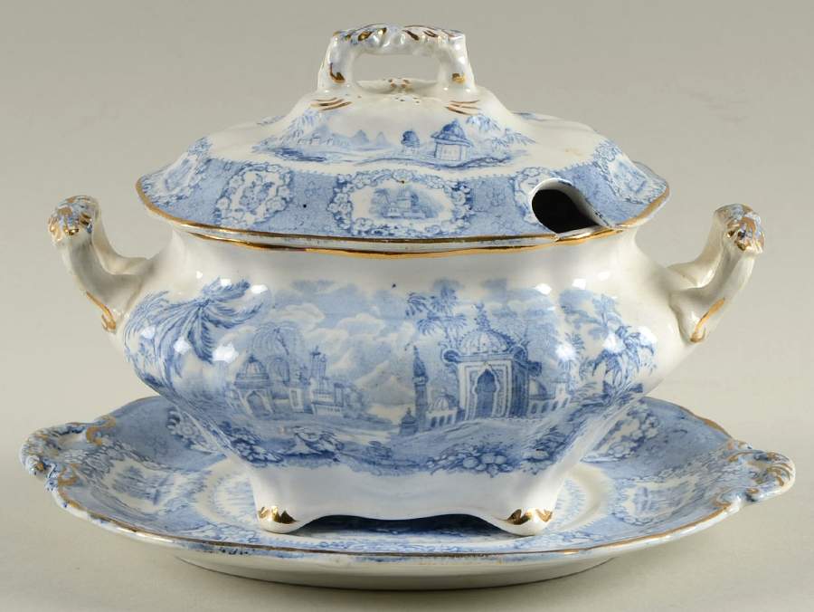 Oriental (Blue, Gold Trim) Mini Tureen w/Lid & Underplate by Ridgway (Ridgways)-1