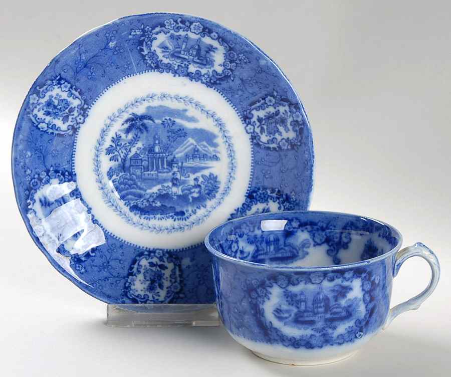 Oriental (Flow Blue, No Trim) Flat Cup & Saucer Set by Ridgway (Ridgways)-1
