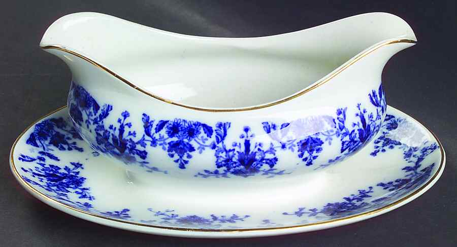Osborne (Flow Blue) Gravy Boat with Attached Underplate by Ridgway (Ridgways)-1