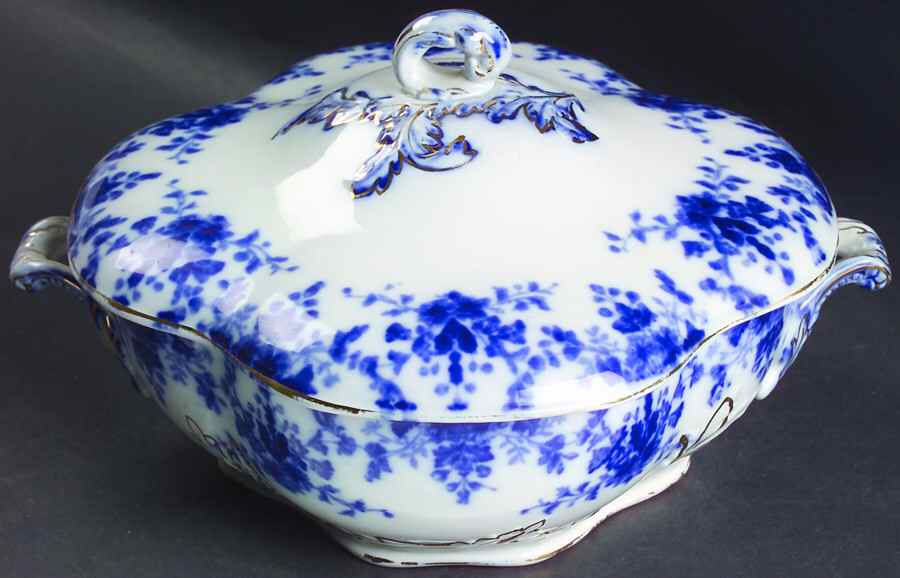 Osborne (Flow Blue) Round Covered Vegetable by Ridgway (Ridgways)-1