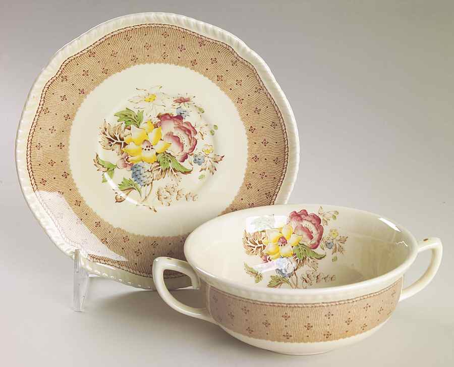 Plymouth Brown Flat Cream Soup Bowl & Saucer Set by Ridgway (Ridgways)-1