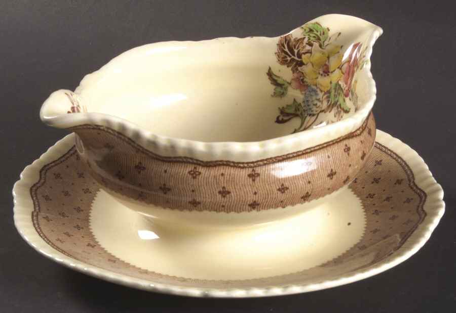 Plymouth Brown Gravy Boat with Attached Underplate by Ridgway (Ridgways)-1