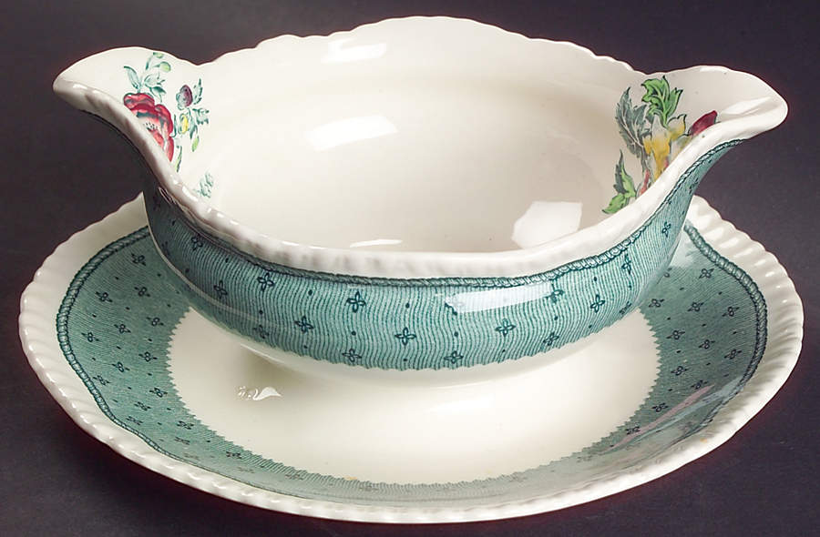 Plymouth Green Gravy Boat with Attached Underplate by Ridgway (Ridgways)-1