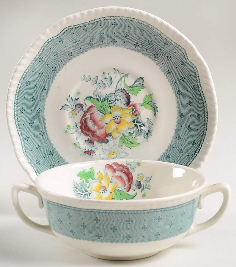 Plymouth Green Flat Cream Soup Bowl & Saucer Set by Ridgway (Ridgways)-1