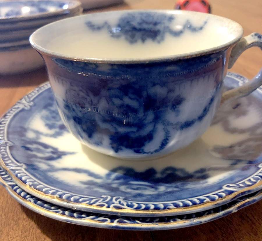 Roxbury (Flow Blue) Flat Cup & Saucer Set by Ridgway (Ridgways)-1