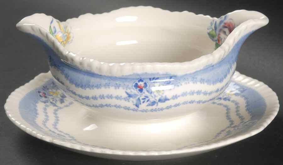 Rutland Blue Gravy Boat with Attached Underplate by Ridgway (Ridgways)-1