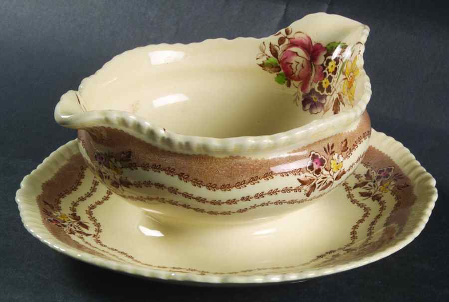 Rutland Brown Gravy Boat with Attached Underplate by Ridgway (Ridgways)-1
