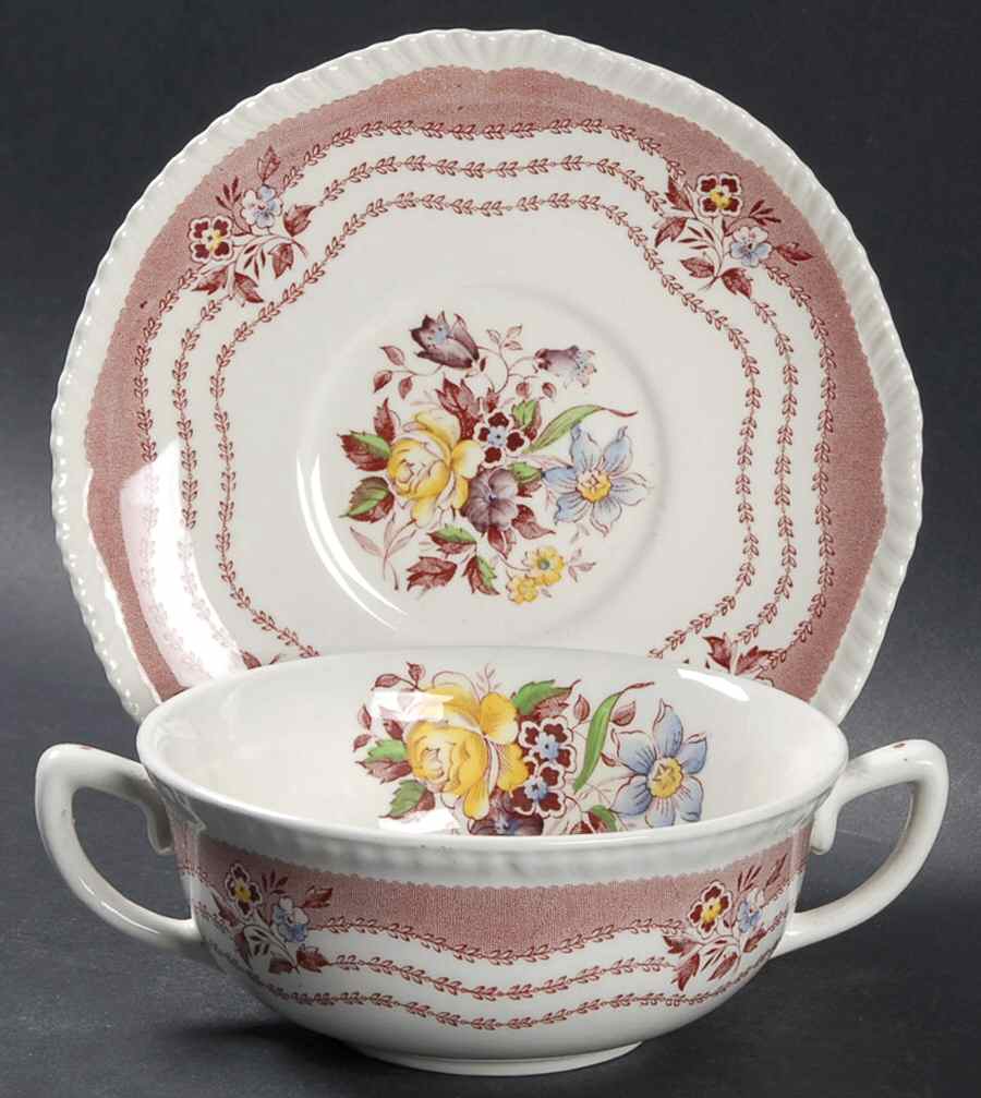 Rutland Red Flat Cream Soup Bowl & Saucer Set by Ridgway (Ridgways)-1