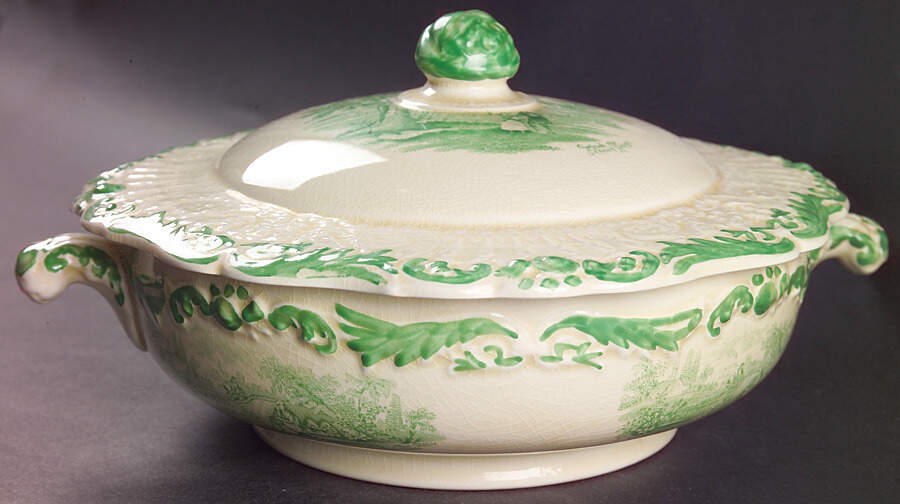 Scenes From Charles Dickens Green Round Covered Vegetable by Ridgway (Ridgways)-1