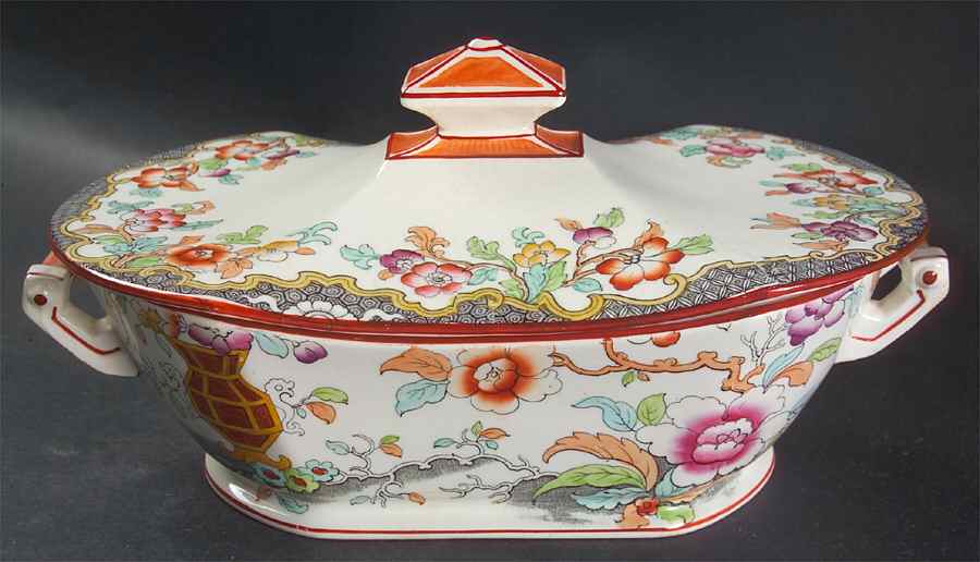 Simlay (Smooth, Red Trim) Oval Covered Vegetable by Ridgway (Ridgways)-1