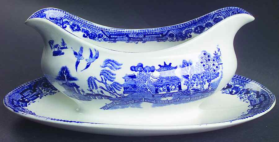 Willow Blue (Birds, Diamond Stamp) Gravy Boat with Attached Underplate by Ridgway (Ridgways)-1
