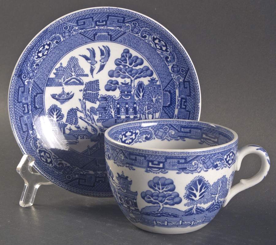 Willow Blue (Birds, Diamond Stamp) Flat Cup & Saucer Set by Ridgway (Ridgways)-1
