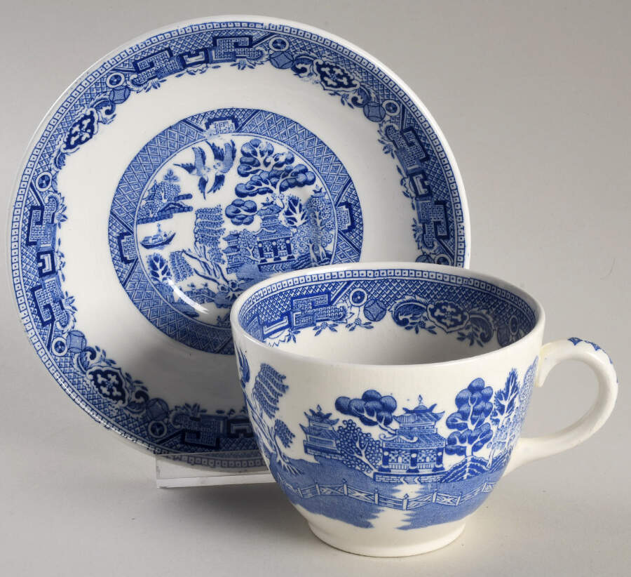 Willow Blue (Newer, Pagoda Backstamp) Oversized Cup & Saucer Set by Ridgway (Ridgways)-1
