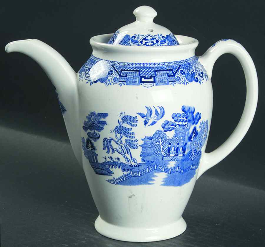Willow Blue (Newer, Pagoda Backstamp) Coffee Pot & Lid by Ridgway (Ridgways)-1