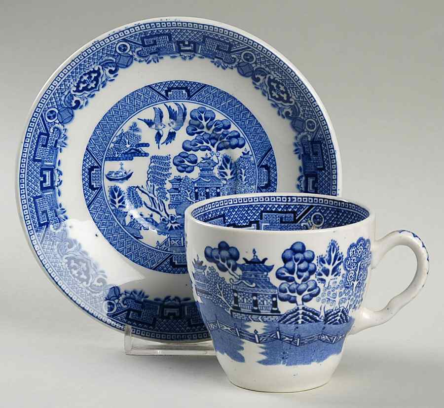 Willow Blue (Newer, Pagoda Backstamp) Flat Cup & Saucer Set by Ridgway (Ridgways)-1