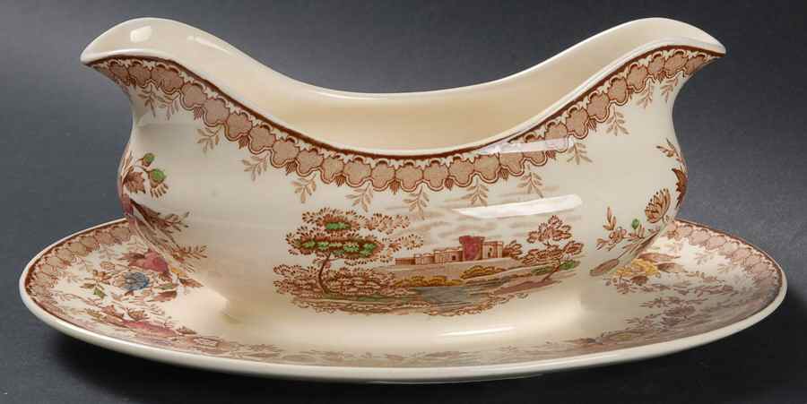 Woodland Brown (Cream Background) Gravy Boat with Attached Underplate by Ridgway (Ridgways)-1