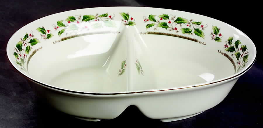Holly Holiday 10" Oval Divided Vegetable Bowl by Royal Limited-1