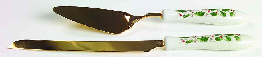 Holly Holiday 2 Piece Cake Set-Knife & Server Gold Plated Blade by Royal Limited-1