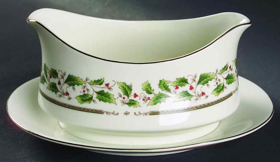 Holly Holiday Gravy Boat with Attached Underplate by Royal Limited-1