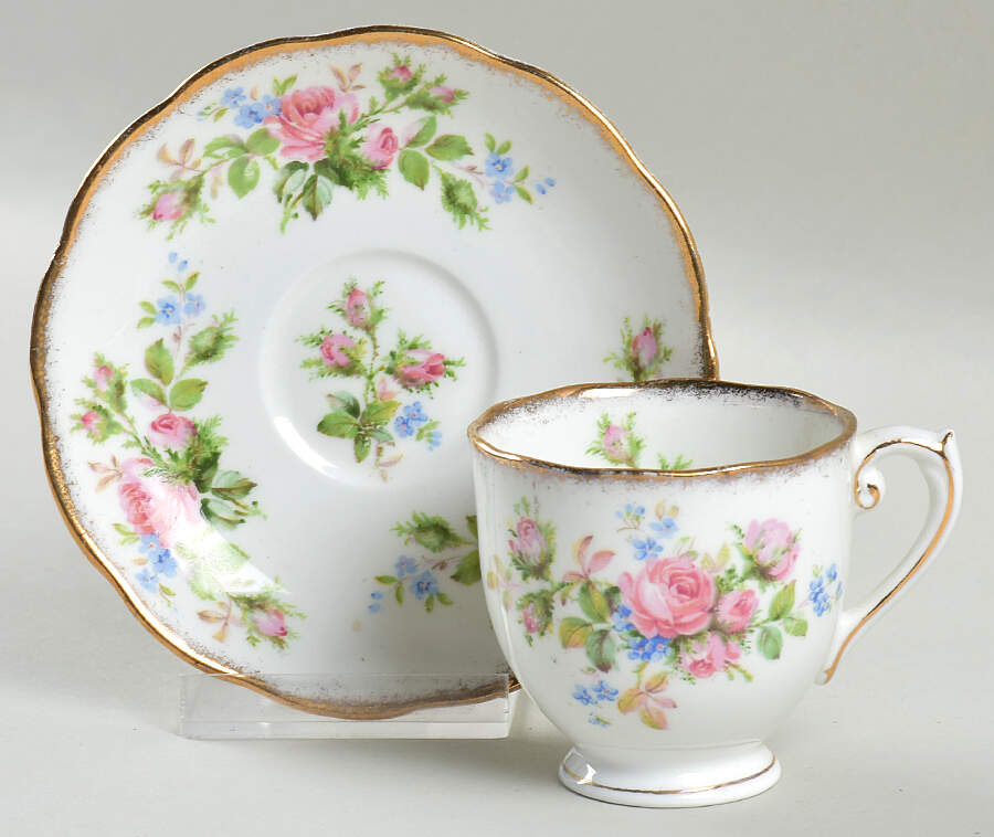 Moss Rose Footed Demitasse Cup & Saucer Set by Roslyn (England)-1