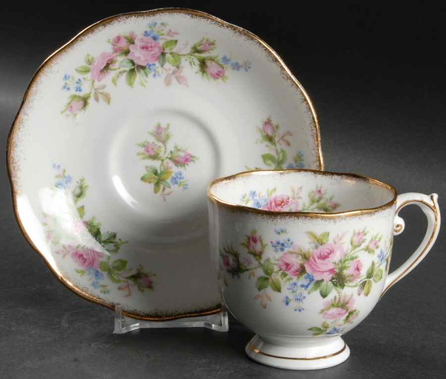 Moss Rose Footed Cup & Saucer Set by Roslyn (England)-1