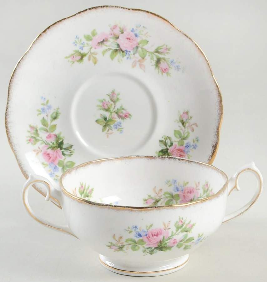 Moss Rose Footed Cream Soup Bowl & Saucer Set by Roslyn (England)-1