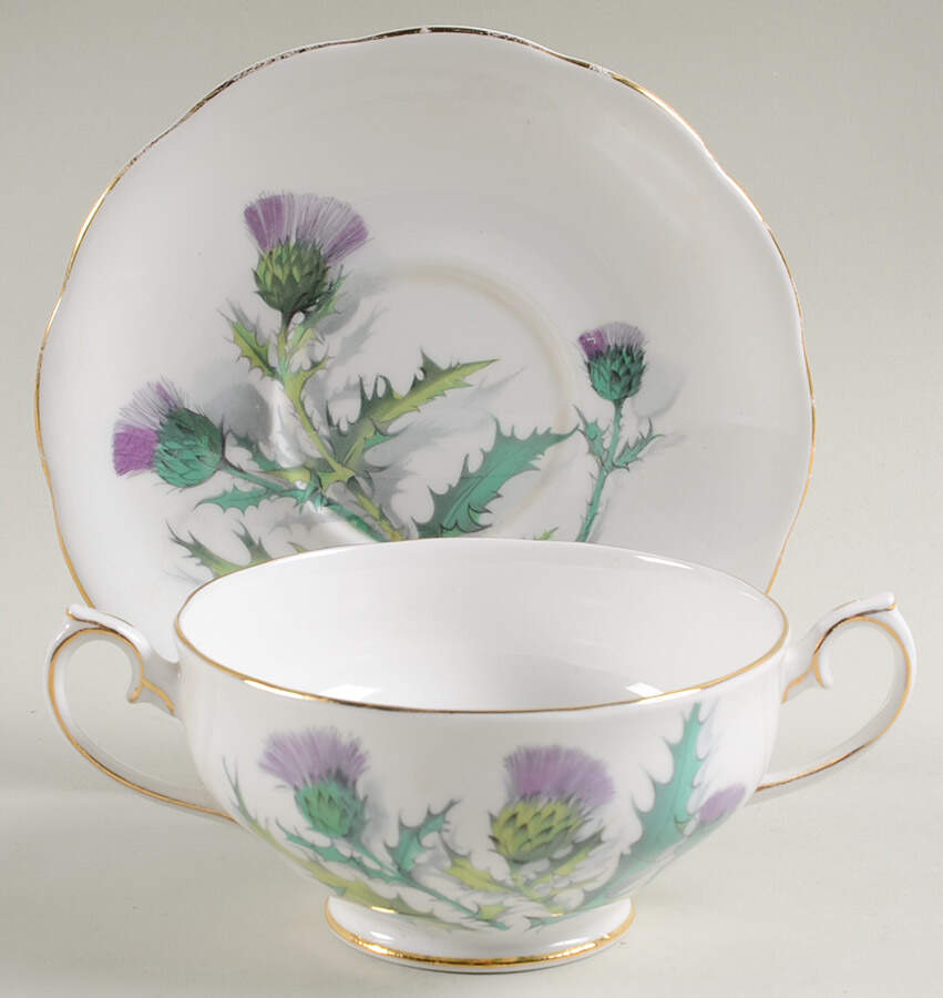 Queen O'Th' Highlands Footed Cream Soup Bowl & Saucer Set by Roslyn (England)-1