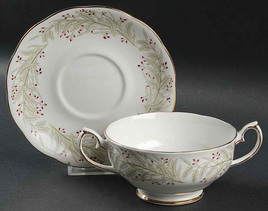 Whispering Grass Footed Cream Soup Bowl & Saucer Set by Roslyn (England)-1