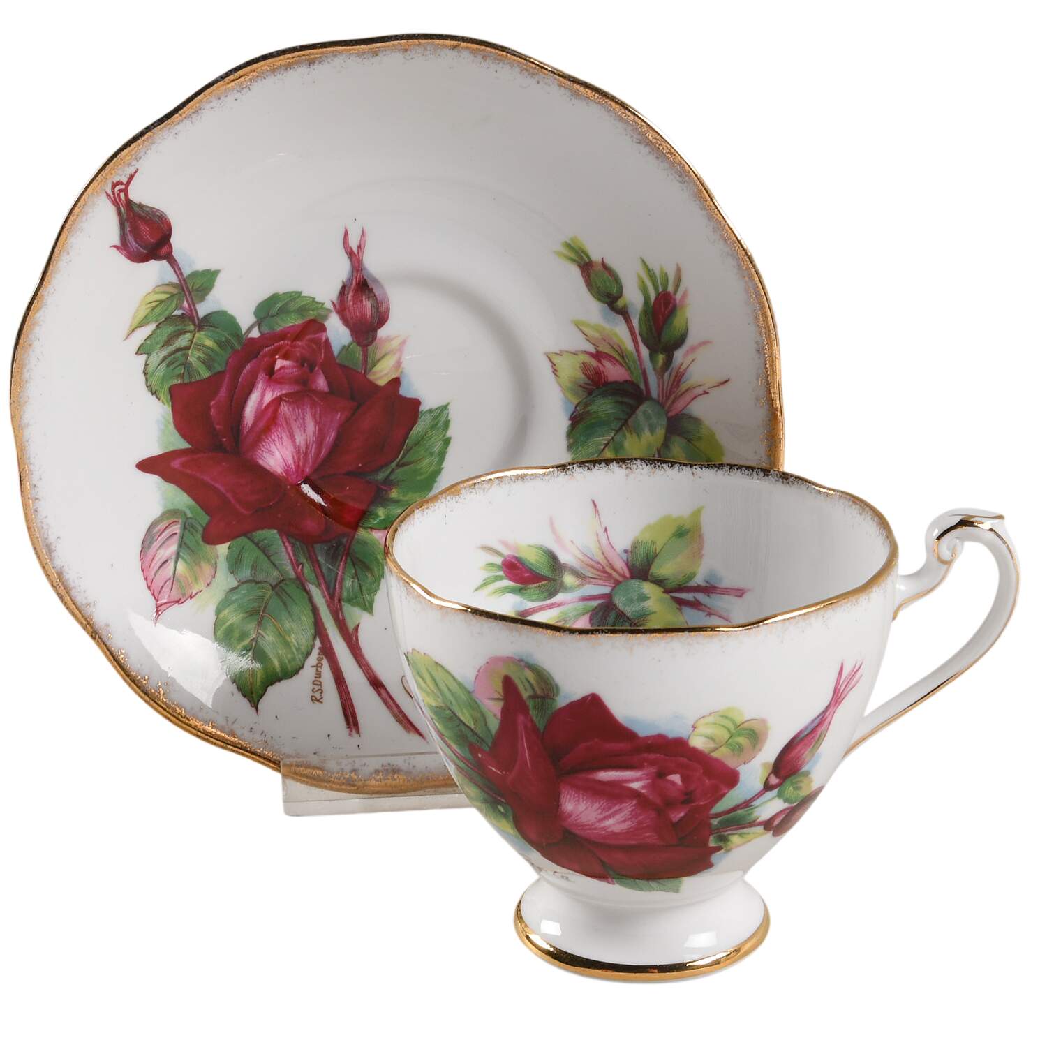 Wheatcroft Roses (England) Footed Cup & Saucer Set by Roslyn (England)-1