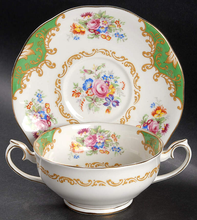 Albany Green Footed Cream Soup Bowl & Saucer Set by Royal Albert-1