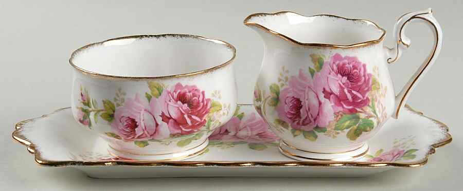 American Beauty (White Background) Creamer & Open Sugar with Tray by Royal Albert-1