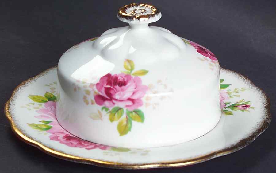 American Beauty (White Background) Round Covered Butter (Uses Bread & Butter Plate) by Royal Albert-1